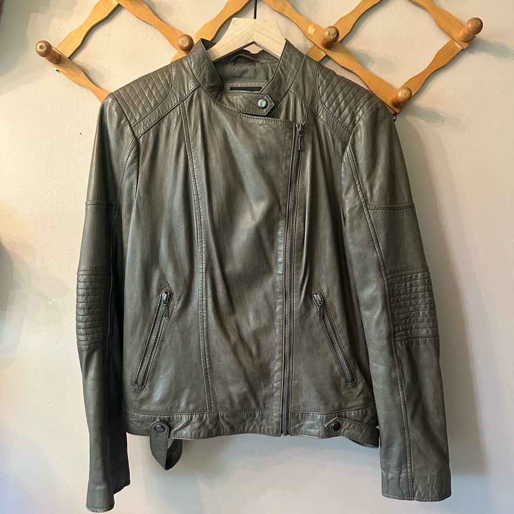 Corbani Womens Asymmetrical Leather Jacket – Genuine Lambskin Leather -Med-Taupe